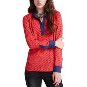 Free People Horse Print Equestrian Boyfriend Red & Navy Collared Blouse
